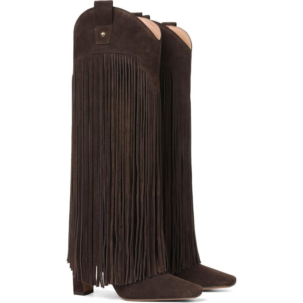 Women's Brown Suede Knee High Fringe Boots Chunky Heel Tall Shoes Pull-On - Picture 2 of 6